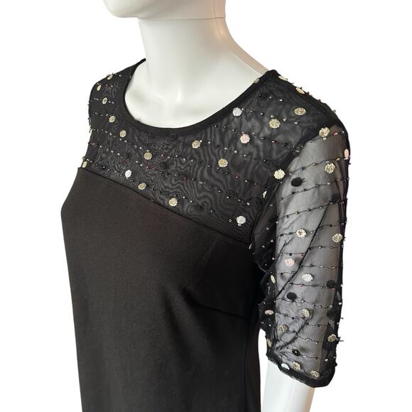 Nina Leonard Sz S Dress Black Crepe Midi Beaded Sheer Short Sleeve Round Neck - Picture 2 of 14